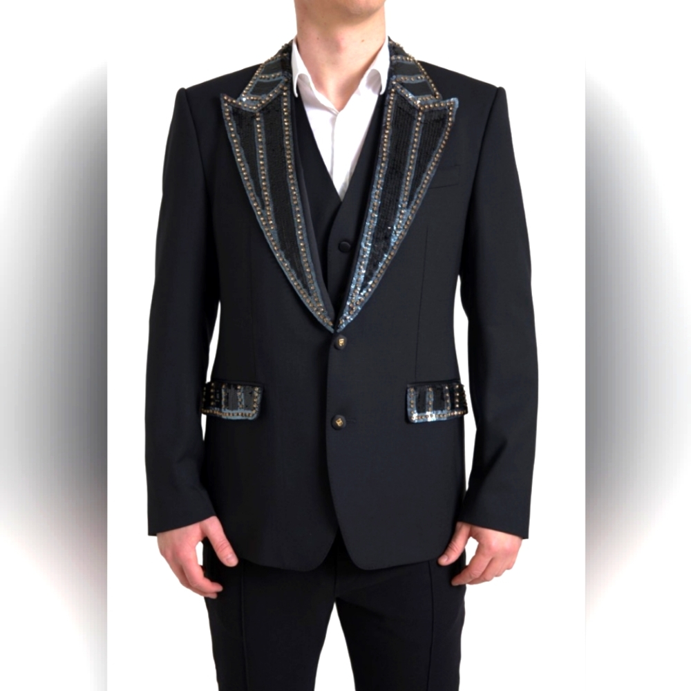DOLCE & GABBANABlack Embellished Wool 2 Piece SICILIA Suit